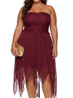Plus Size 2XL Burgundy Corset Lace & Handkerchief Hem Strapless Mini Dress 22W